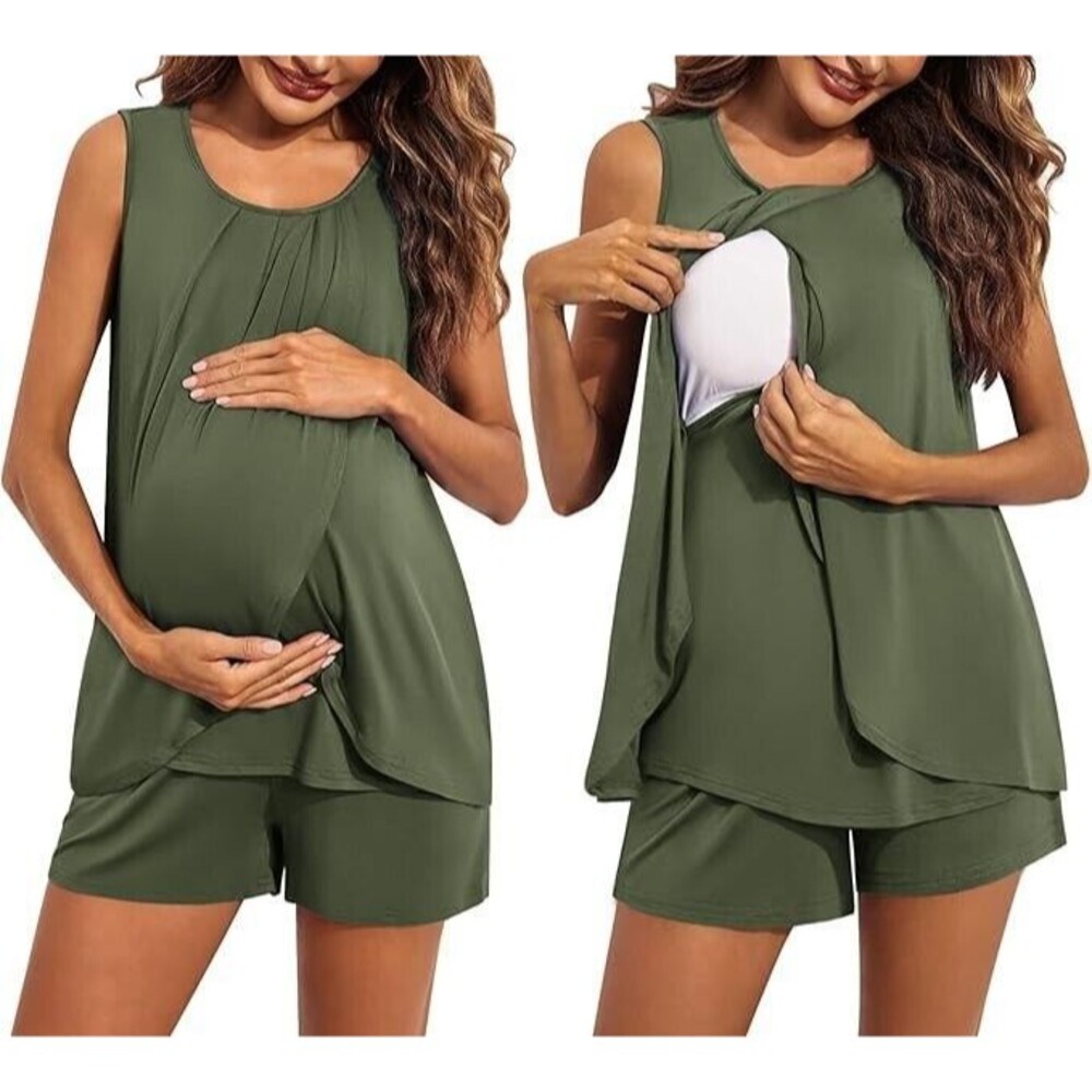 Ekouaer Women Maternity Nursing Pajama Set Breastfeeding Sleepwear Top & Shorts